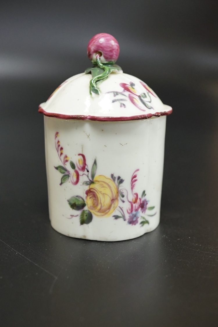 A Mennecy polychrome pomade pot and cover, c.1760, 7.5cm high